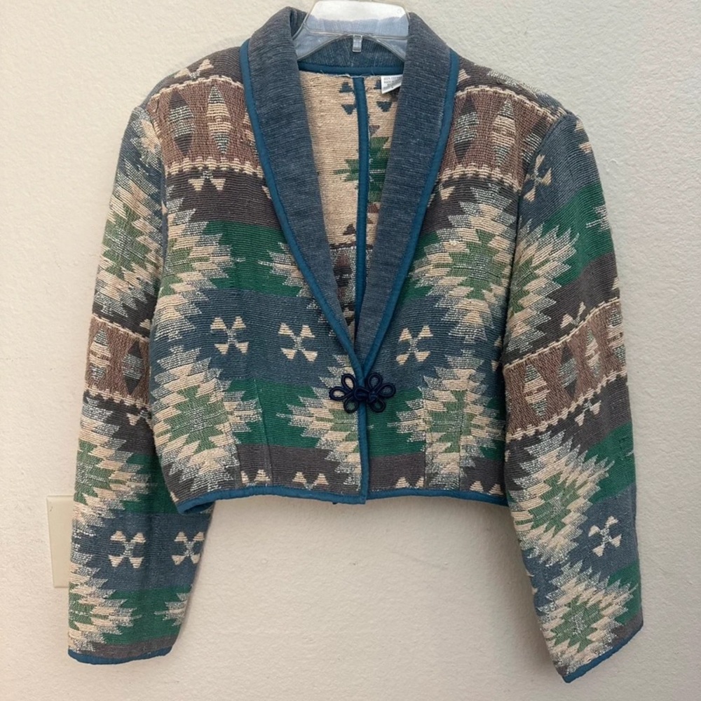 Vintage Patterned Blazer with Green, Blue, and Cream